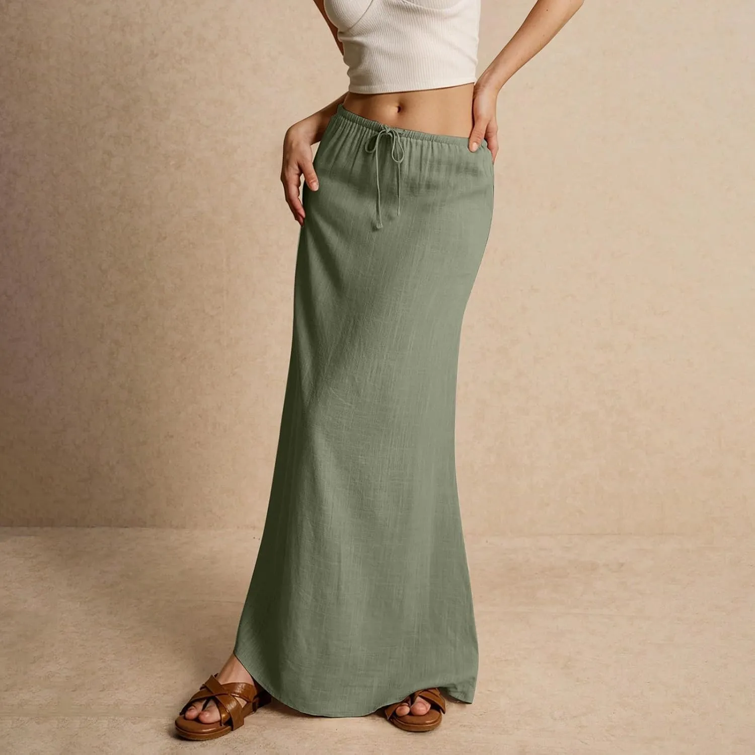 Linen Maxi Skirts for Women Trendy Summer Drawstring Low Waisted A-Line Skirts Casual Flowy Boho Beach Vacation Outfits