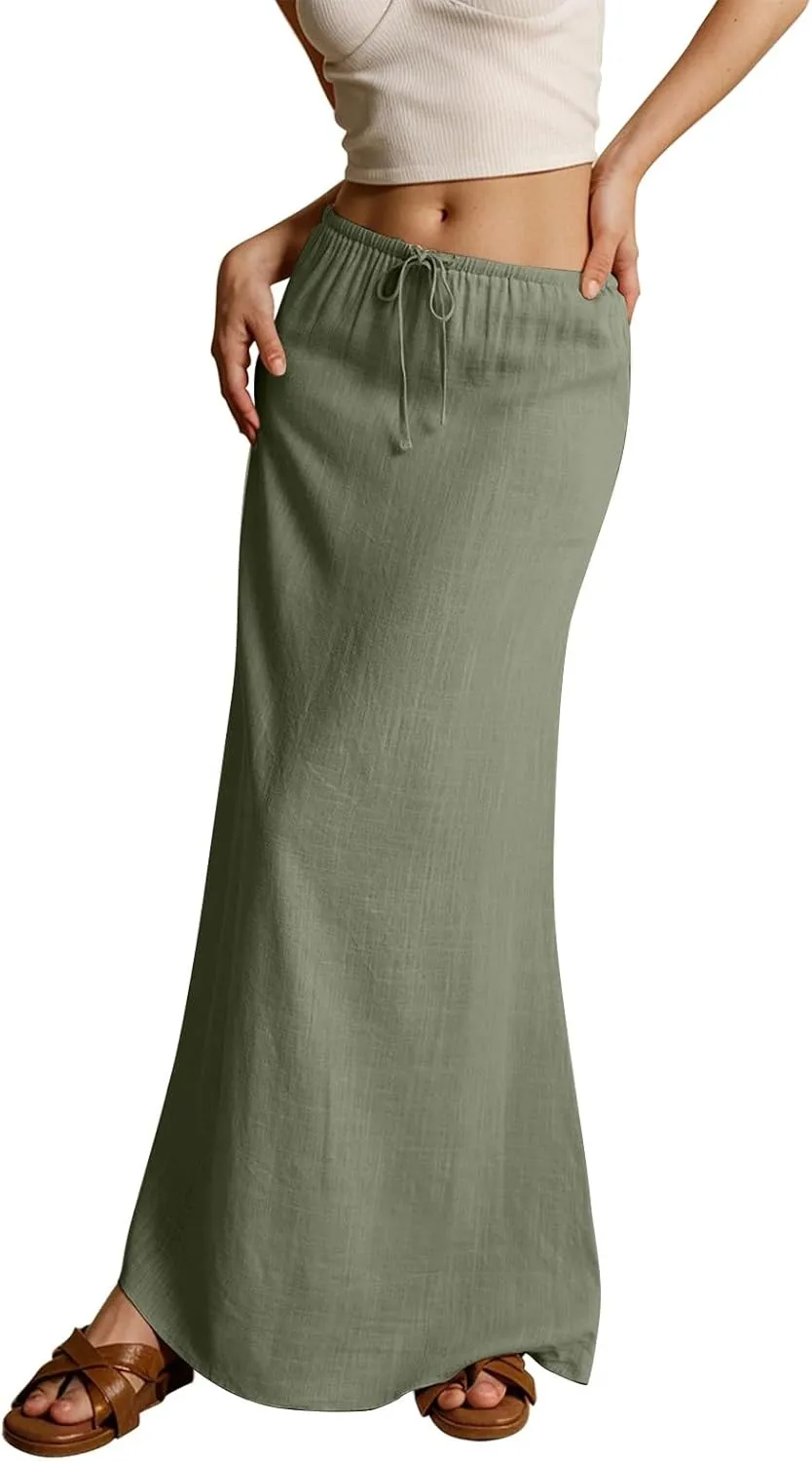 Linen Maxi Skirts for Women Trendy Summer Drawstring Low Waisted A-Line Skirts Casual Flowy Boho Beach Vacation Outfits