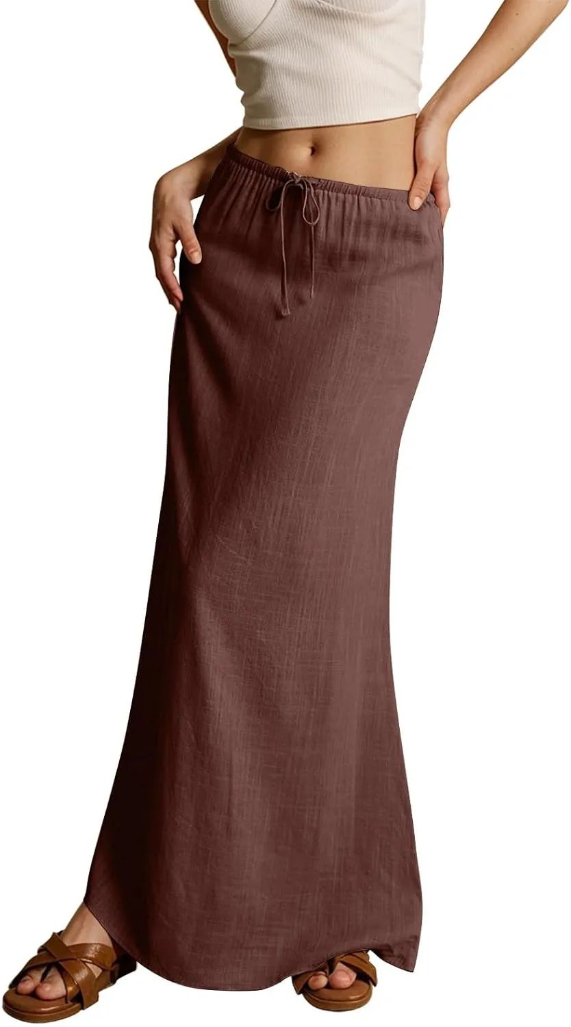 Linen Maxi Skirts for Women Trendy Summer Drawstring Low Waisted A-Line Skirts Casual Flowy Boho Beach Vacation Outfits