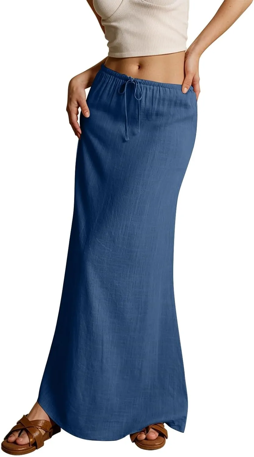 Linen Maxi Skirts for Women Trendy Summer Drawstring Low Waisted A-Line Skirts Casual Flowy Boho Beach Vacation Outfits