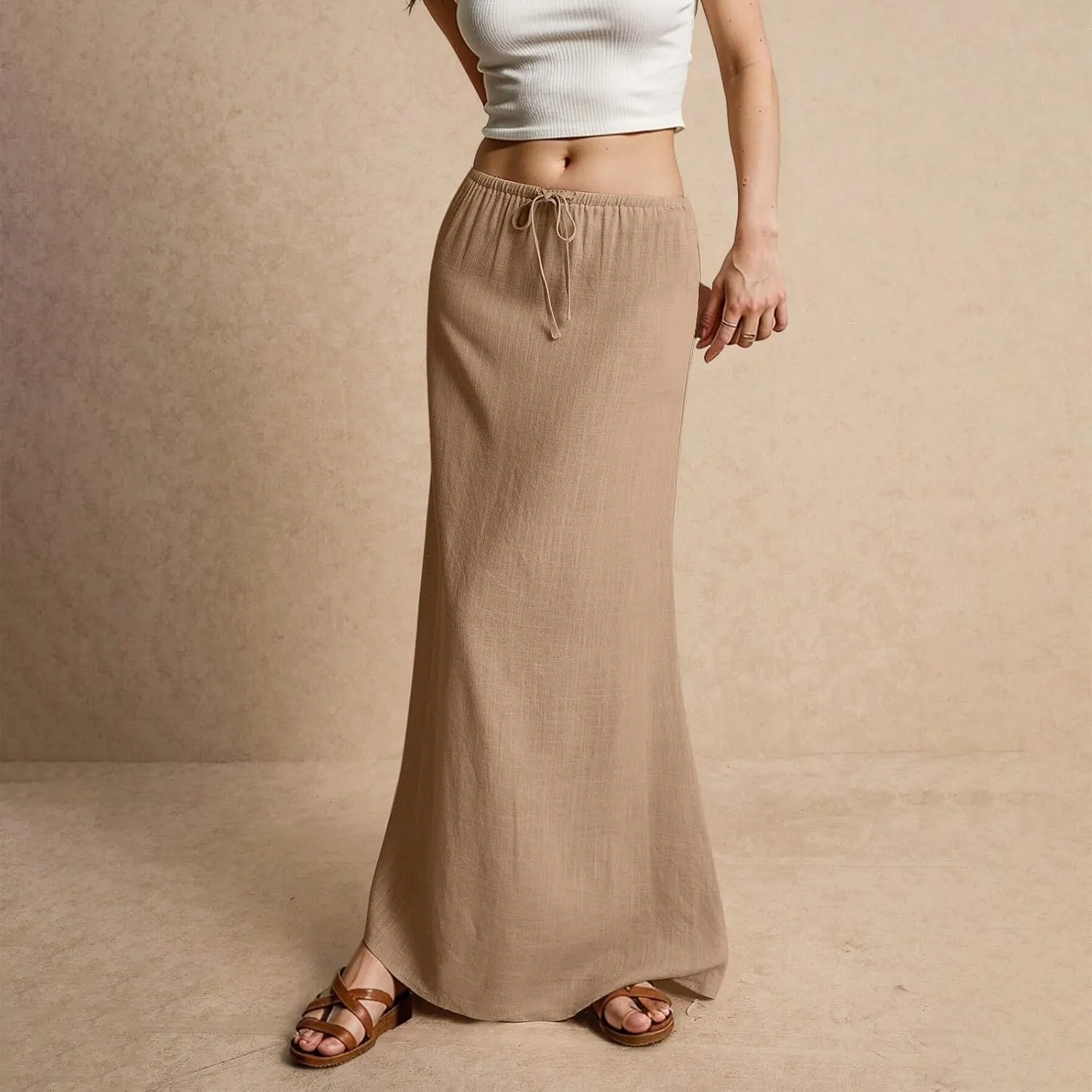 Linen Maxi Skirts for Women Trendy Summer Drawstring Low Waisted A-Line Skirts Casual Flowy Boho Beach Vacation Outfits