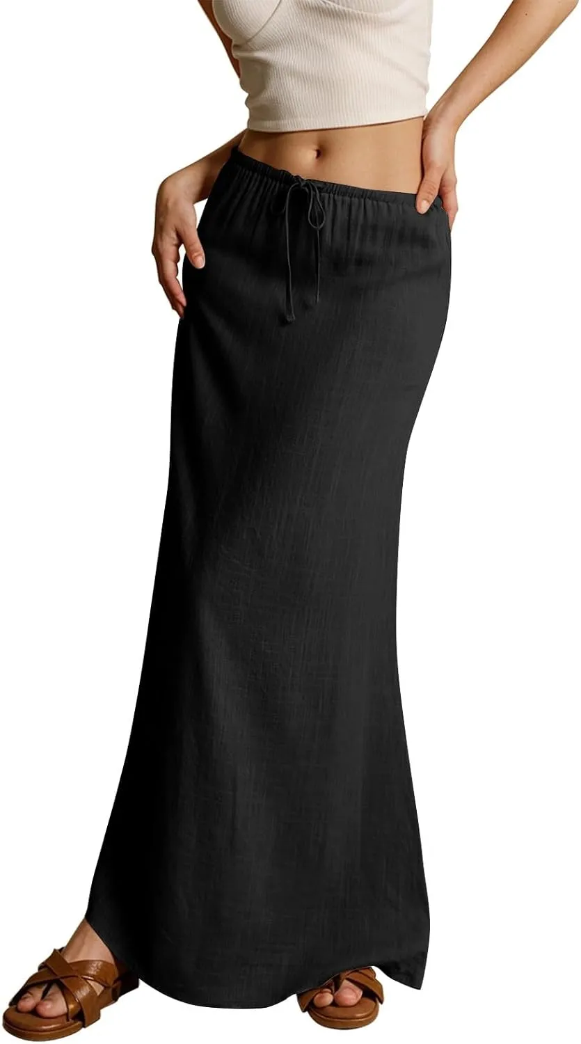 Linen Maxi Skirts for Women Trendy Summer Drawstring Low Waisted A-Line Skirts Casual Flowy Boho Beach Vacation Outfits