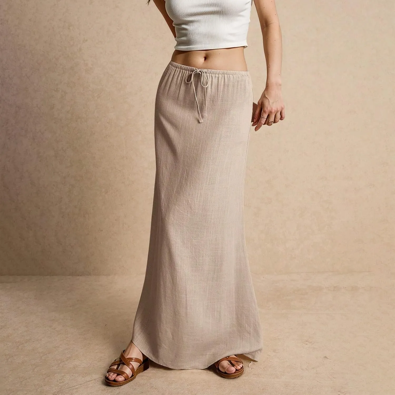 Linen Maxi Skirts for Women Trendy Summer Drawstring Low Waisted A-Line Skirts Casual Flowy Boho Beach Vacation Outfits
