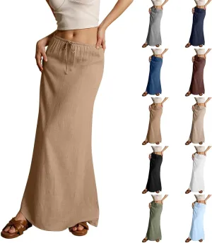 Linen Maxi Skirts for Women Trendy Summer Drawstring Low Waisted A-Line Skirts Casual Flowy Boho Beach Vacation Outfits