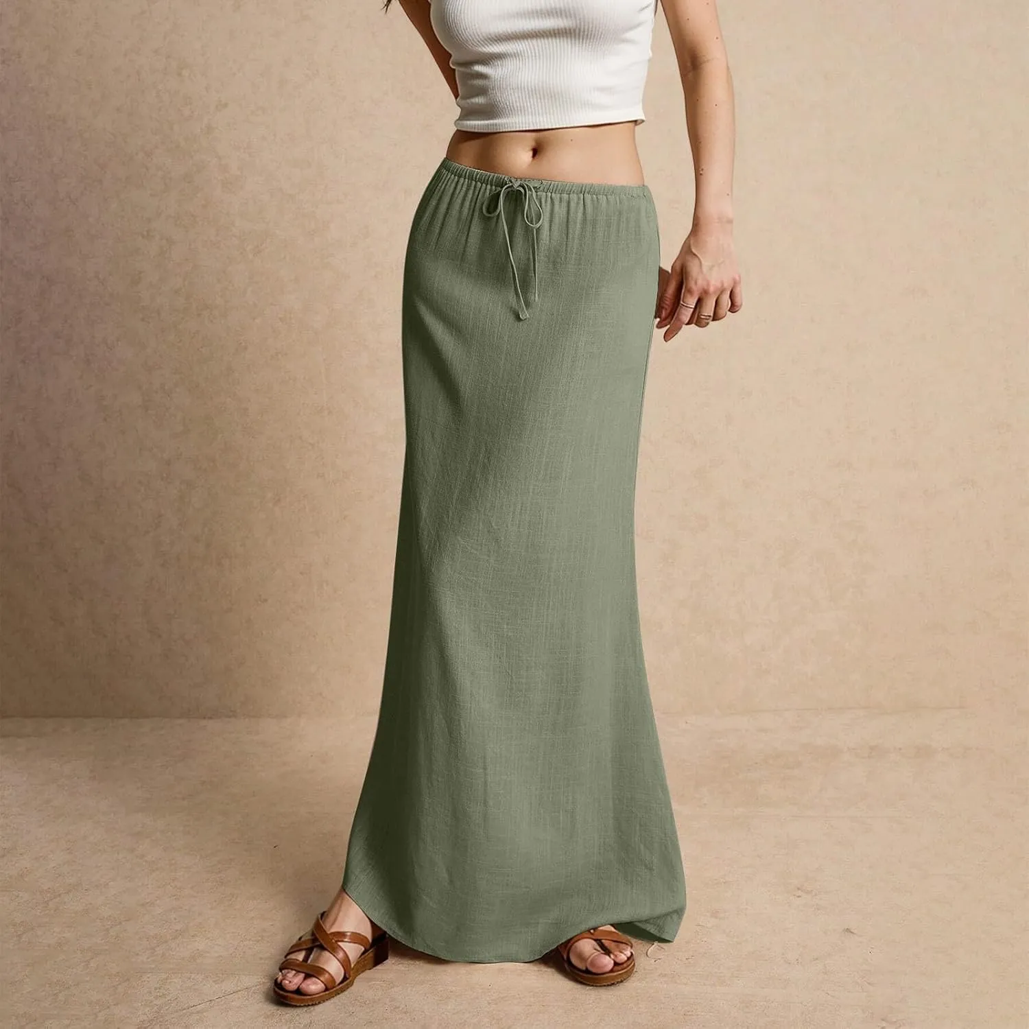 Linen Maxi Skirts for Women Trendy Summer Drawstring Low Waisted A-Line Skirts Casual Flowy Boho Beach Vacation Outfits