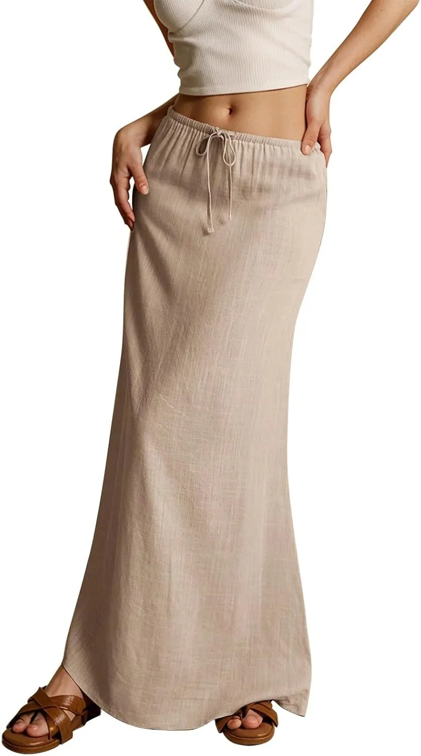 Linen Maxi Skirts for Women Trendy Summer Drawstring Low Waisted A-Line Skirts Casual Flowy Boho Beach Vacation Outfits