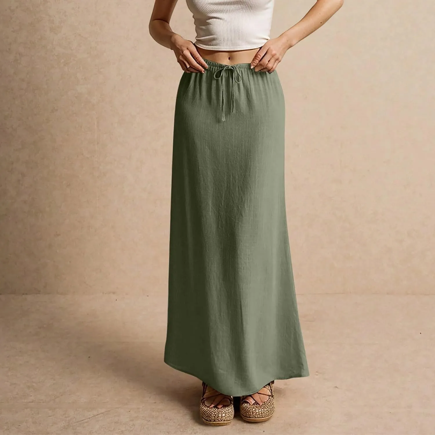 Linen Maxi Skirts for Women Trendy Summer Drawstring Low Waisted A-Line Skirts Casual Flowy Boho Beach Vacation Outfits