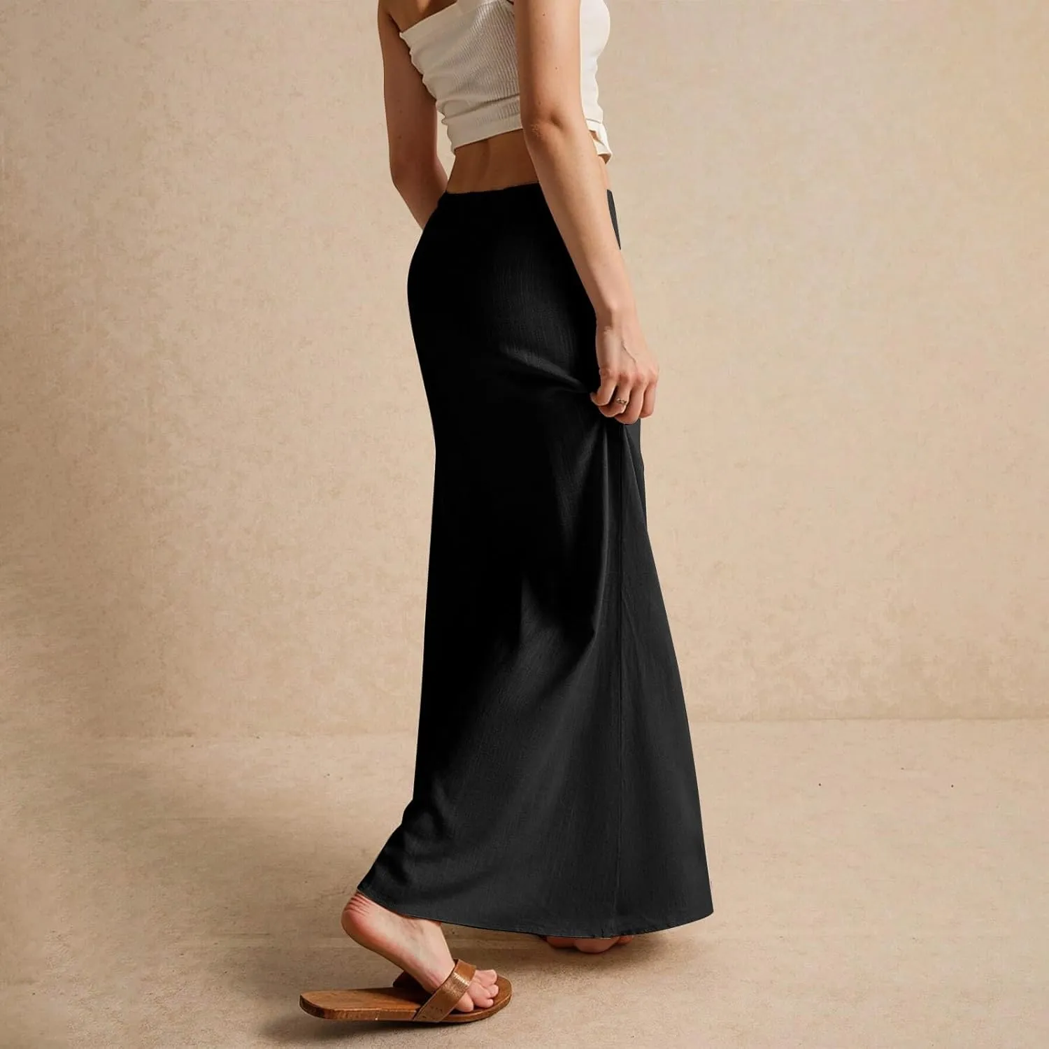 Linen Maxi Skirts for Women Trendy Summer Drawstring Low Waisted A-Line Skirts Casual Flowy Boho Beach Vacation Outfits