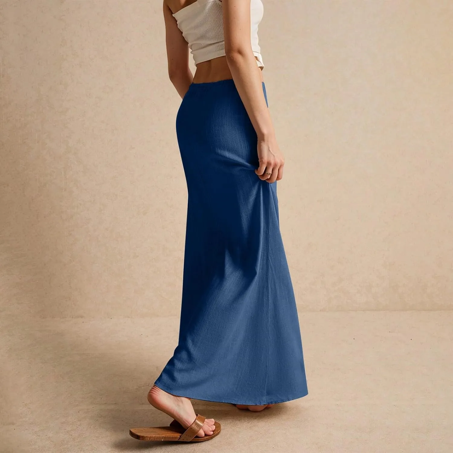 Linen Maxi Skirts for Women Trendy Summer Drawstring Low Waisted A-Line Skirts Casual Flowy Boho Beach Vacation Outfits