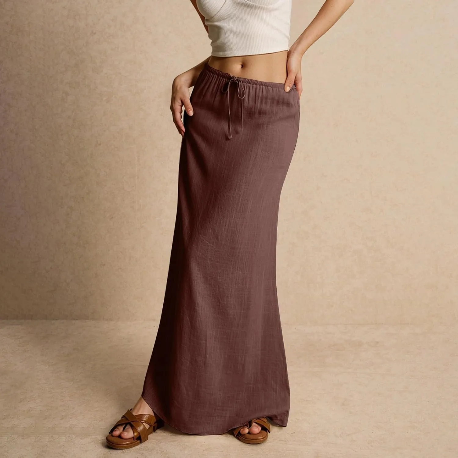 Linen Maxi Skirts for Women Trendy Summer Drawstring Low Waisted A-Line Skirts Casual Flowy Boho Beach Vacation Outfits