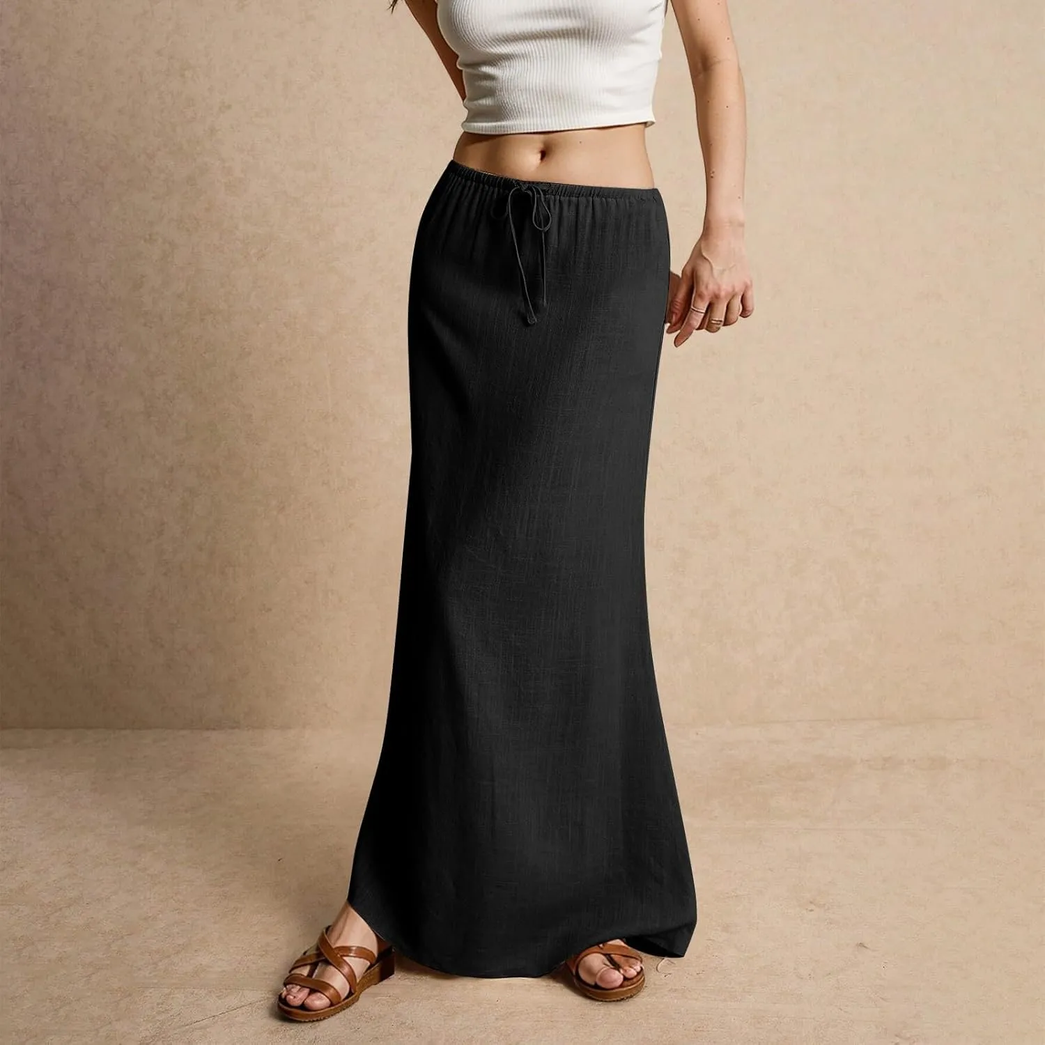 Linen Maxi Skirts for Women Trendy Summer Drawstring Low Waisted A-Line Skirts Casual Flowy Boho Beach Vacation Outfits