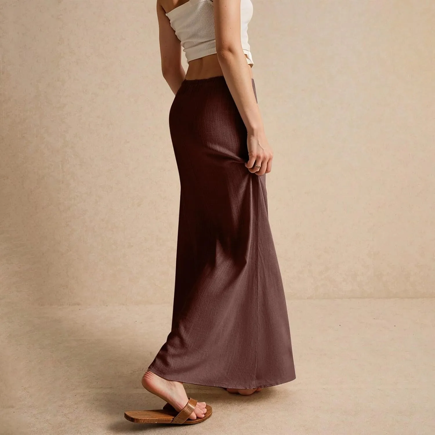 Linen Maxi Skirts for Women Trendy Summer Drawstring Low Waisted A-Line Skirts Casual Flowy Boho Beach Vacation Outfits