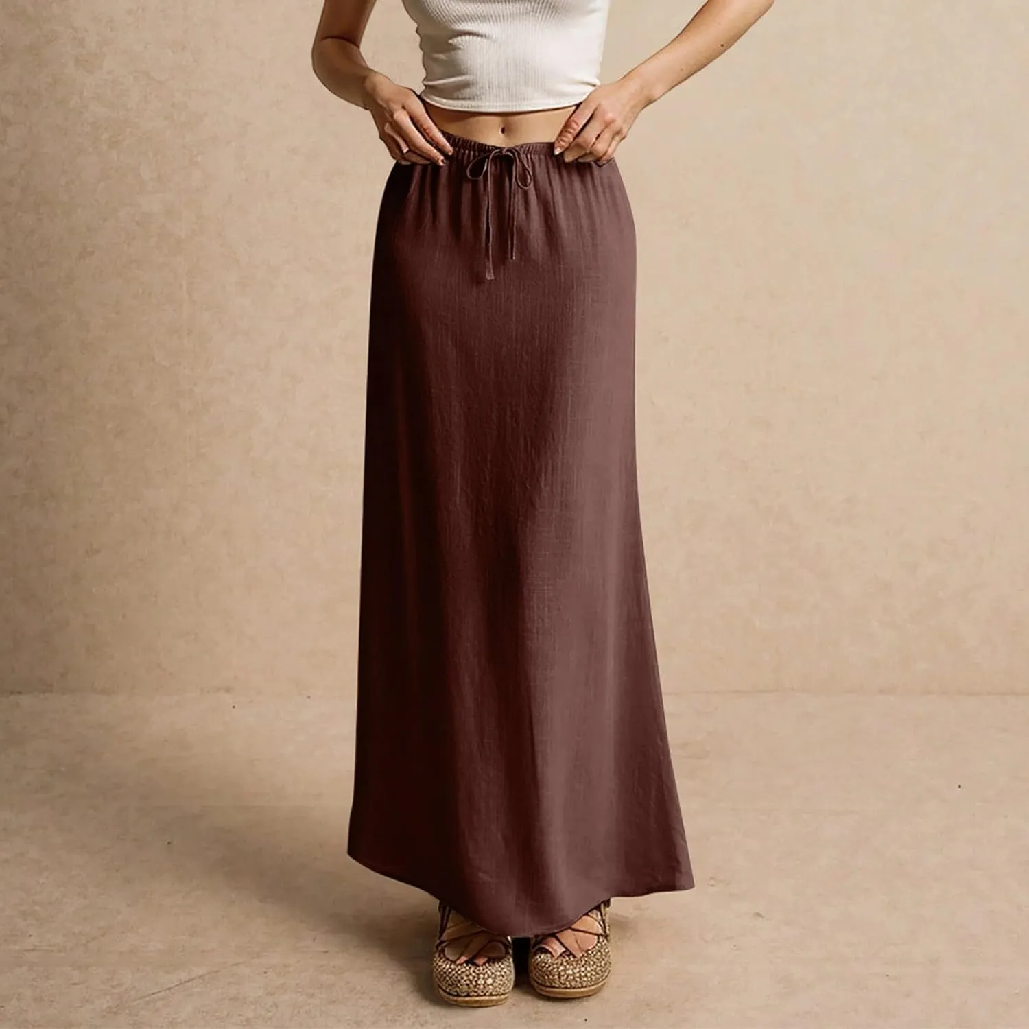Linen Maxi Skirts for Women Trendy Summer Drawstring Low Waisted A-Line Skirts Casual Flowy Boho Beach Vacation Outfits