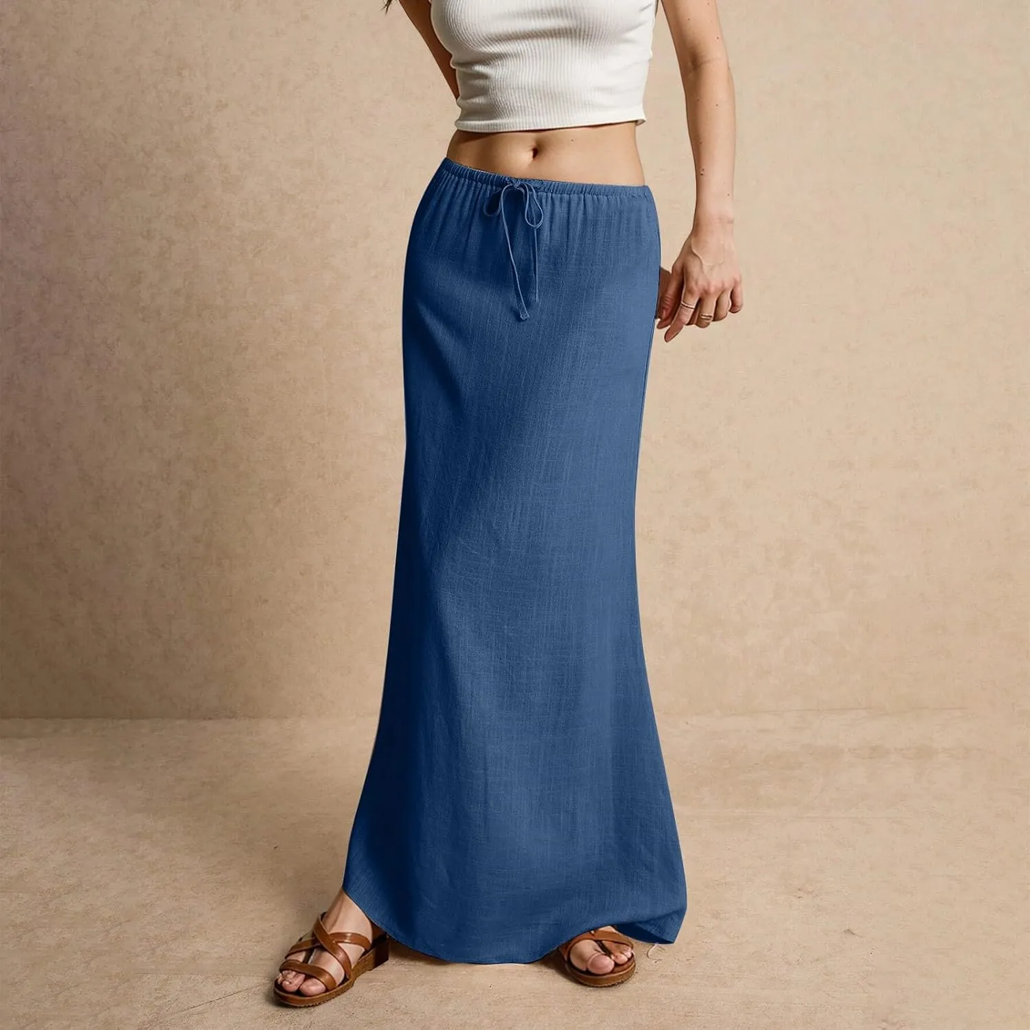 Linen Maxi Skirts for Women Trendy Summer Drawstring Low Waisted A-Line Skirts Casual Flowy Boho Beach Vacation Outfits