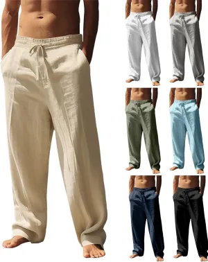 Linen Pants Men Drawstring Low Waist Straight Leg Summer Pants Lightweight Relaxed Fit Boho Beach Pants with Pockets