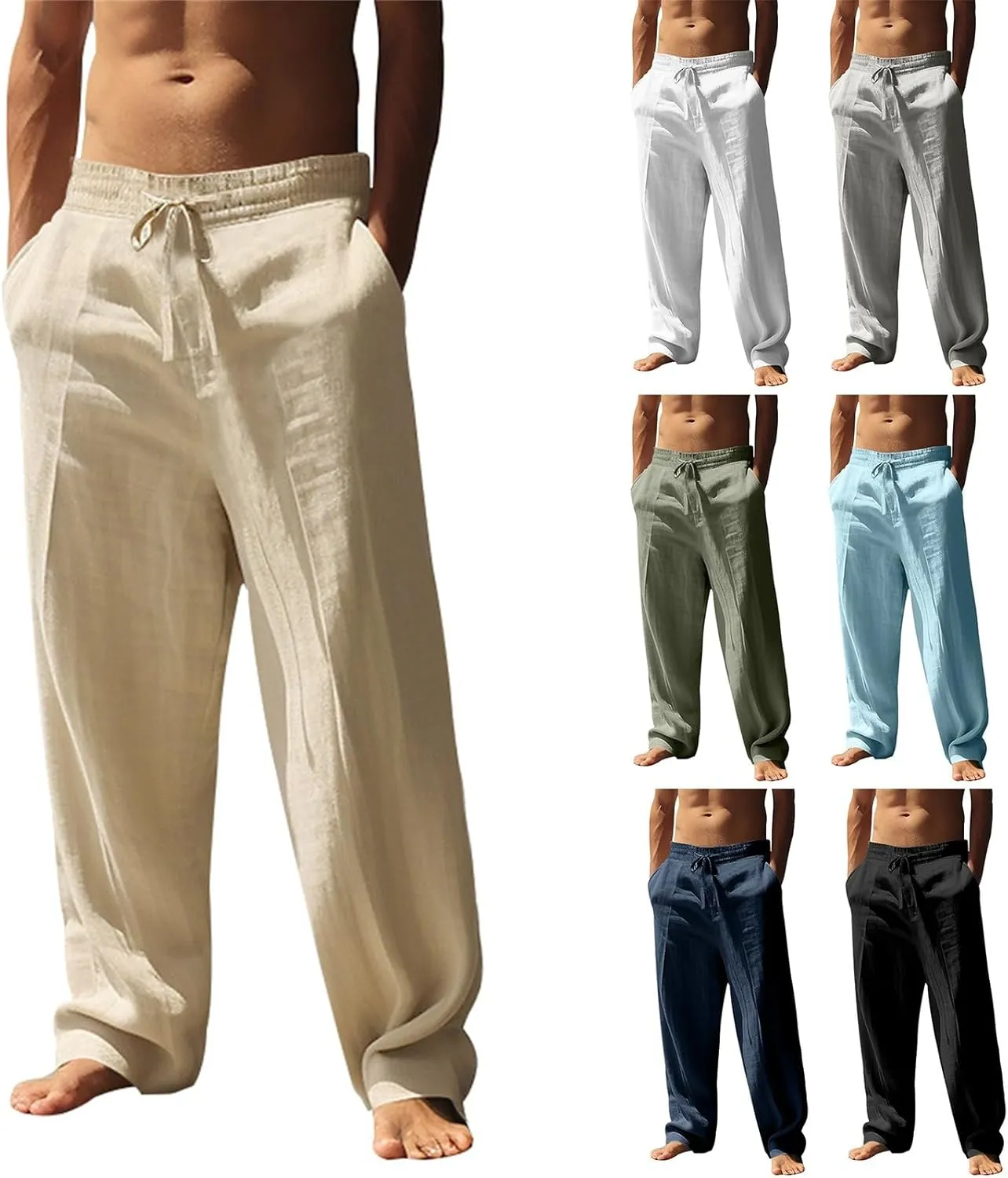 Linen Pants Men Drawstring Low Waist Straight Leg Summer Pants Lightweight Relaxed Fit Boho Beach Pants with Pockets