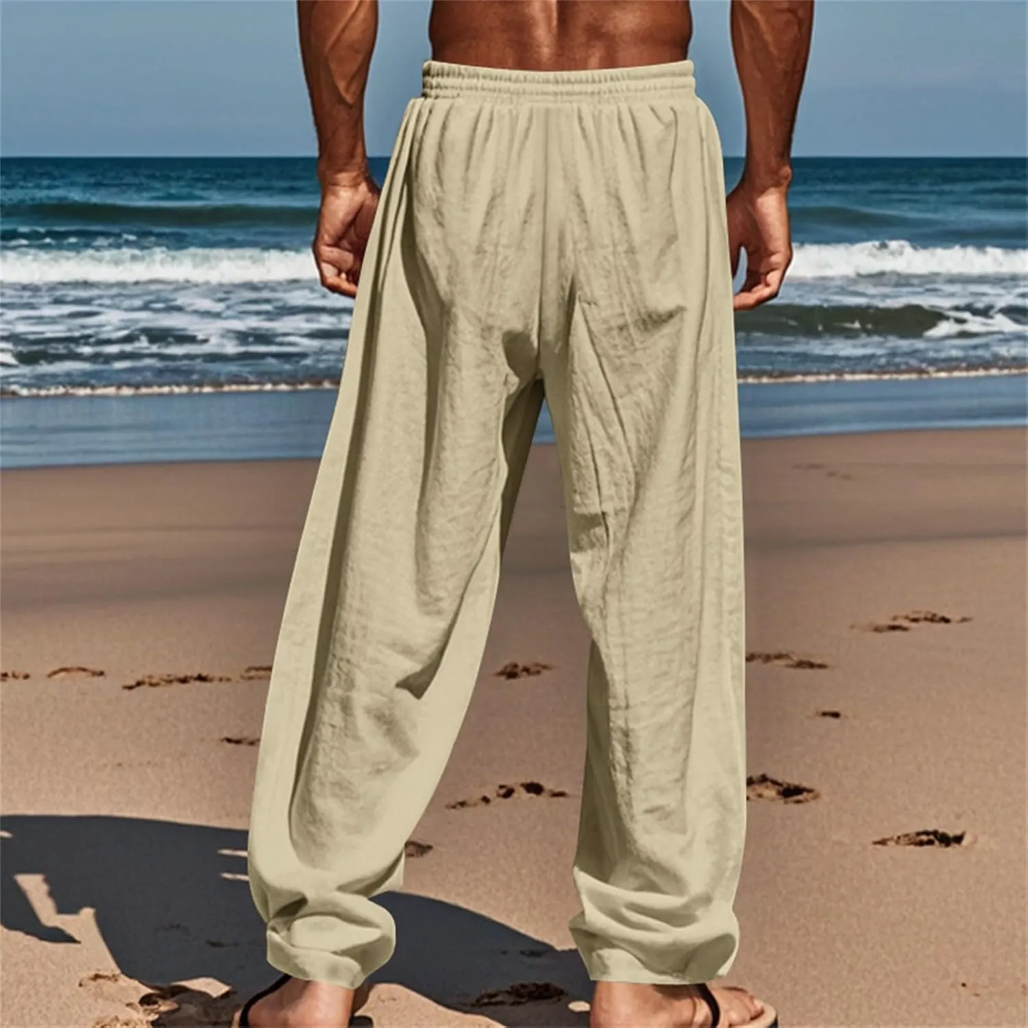 Linen Pants Men Drawstring Low Waist Straight Leg Summer Pants Lightweight Relaxed Fit Boho Beach Pants with Pockets