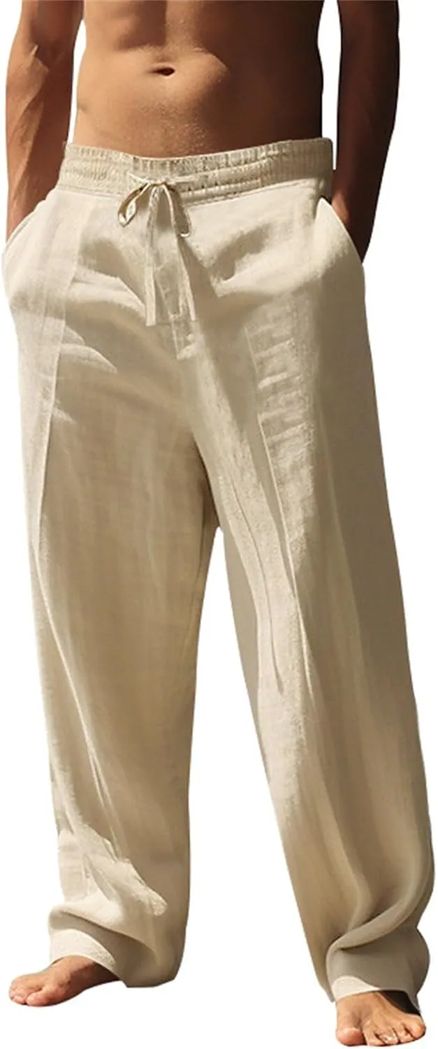 Linen Pants Men Drawstring Low Waist Straight Leg Summer Pants Lightweight Relaxed Fit Boho Beach Pants with Pockets