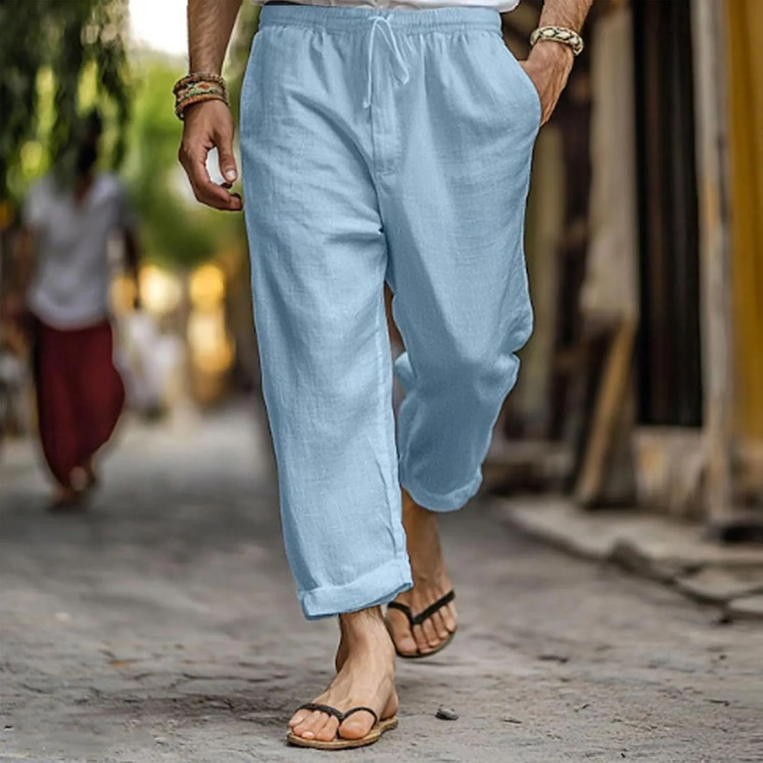 Linen Pants Men Long Relaxed Fit Elastic Waist Pants with Pockets Beach Yoga Travel Lounge Trousers for Summer