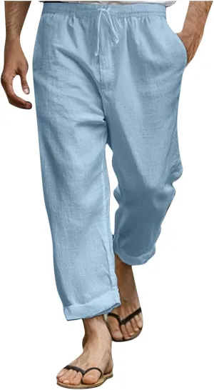 Linen Pants Men Long Relaxed Fit Elastic Waist Pants with Pockets Beach Yoga Travel Lounge Trousers for Summer