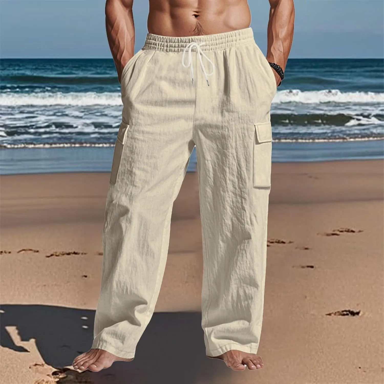 Linen Pants Men Men's Pants Casual Relaxed Fit Straight Leg Drawstring Lightweight Summer Comfort Pant with Pockets