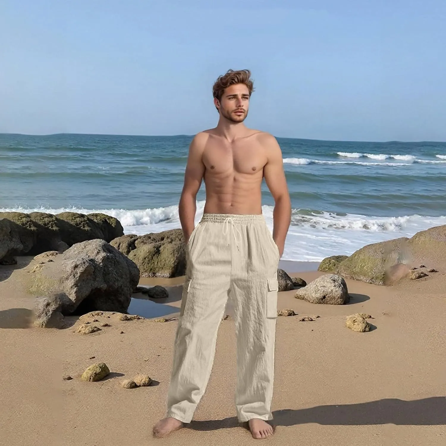 Linen Pants Men Men's Pants Casual Relaxed Fit Straight Leg Drawstring Lightweight Summer Comfort Pant with Pockets