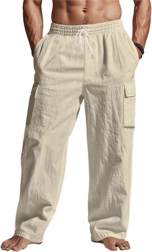 Linen Pants Men Men's Pants Casual Relaxed Fit Straight Leg Drawstring Lightweight Summer Comfort Pant with Pockets