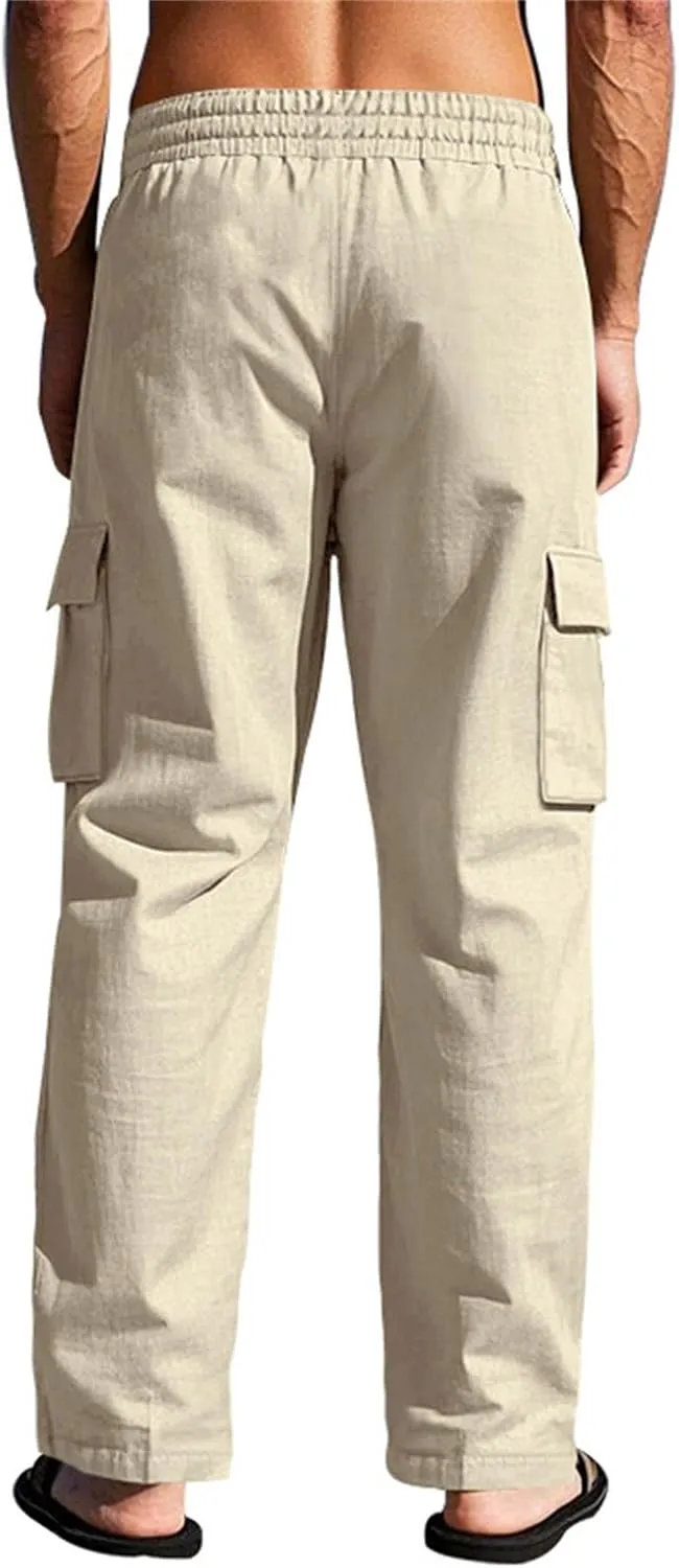 Linen Pants Men Men's Pants Casual Relaxed Fit Straight Leg Drawstring Lightweight Summer Comfort Pant with Pockets