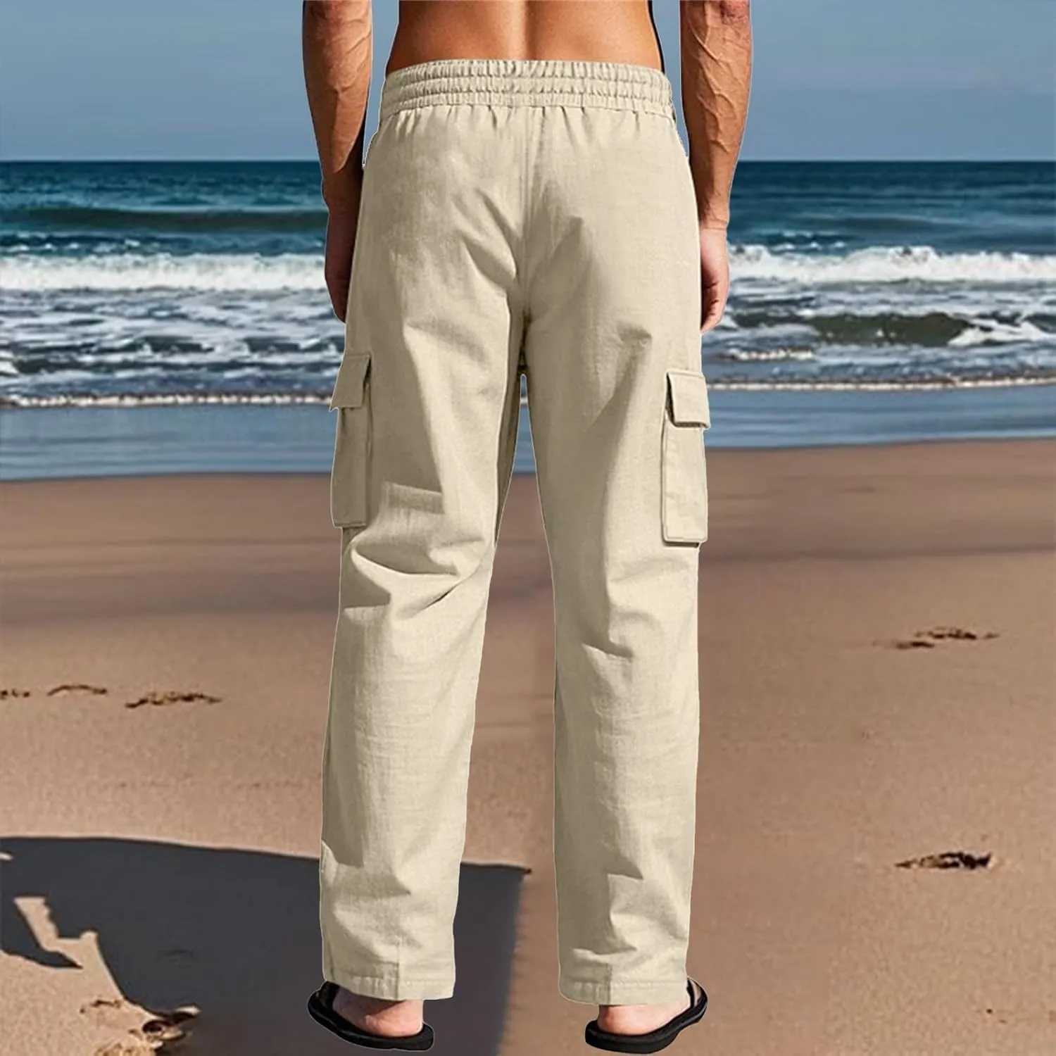 Linen Pants Men Men's Pants Casual Relaxed Fit Straight Leg Drawstring Lightweight Summer Comfort Pant with Pockets