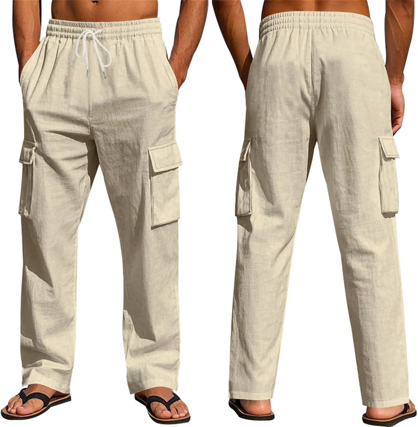 Linen Pants Men Men's Pants Casual Relaxed Fit Straight Leg Drawstring Lightweight Summer Comfort Pant with Pockets