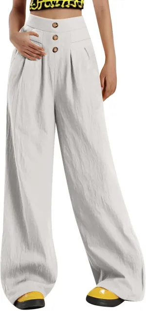 Linen Pants Women Elastic Waist Relaxed Fit Straight Leg Pant Lounge Trousers Summer Beach Travel Vacation Outfits