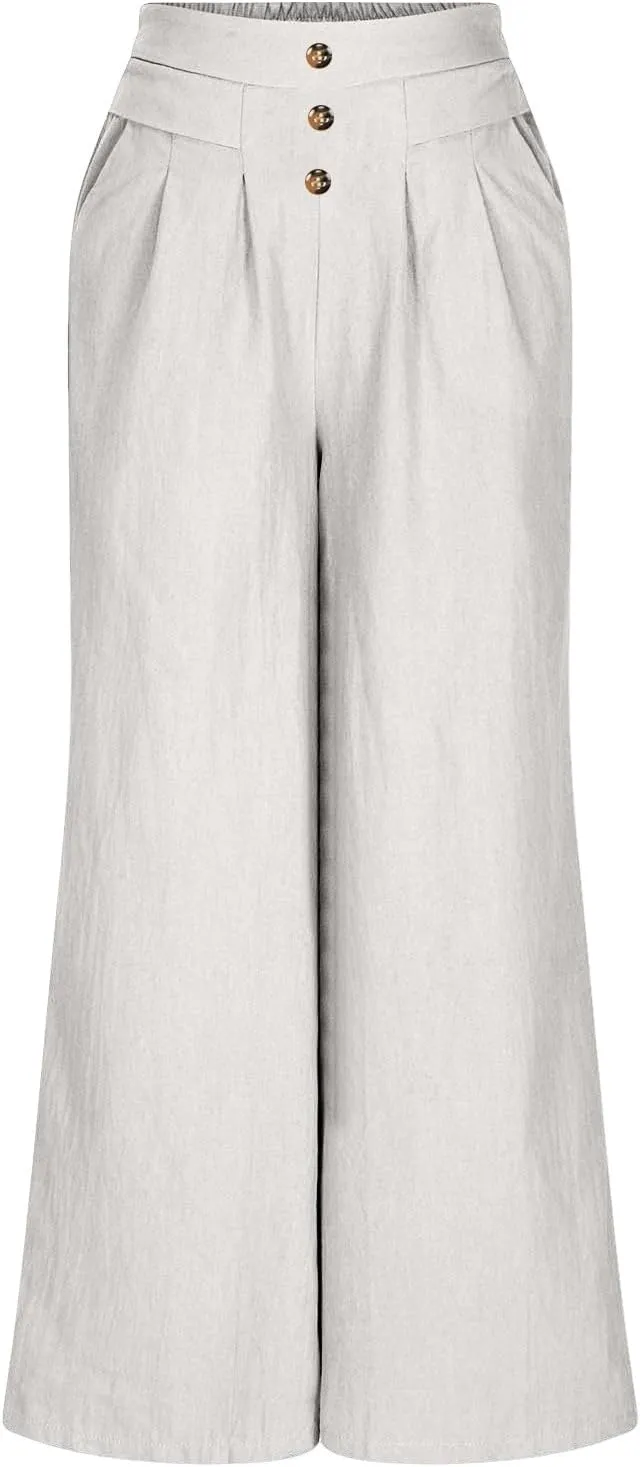 Linen Pants Women Elastic Waist Relaxed Fit Straight Leg Pant Lounge Trousers Summer Beach Travel Vacation Outfits