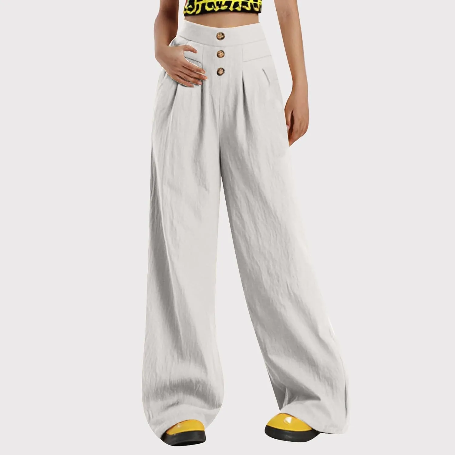 Linen Pants Women Elastic Waist Relaxed Fit Straight Leg Pant Lounge Trousers Summer Beach Travel Vacation Outfits