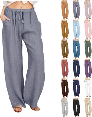 Linen Pants Women Summer Causal Drawstring High Waisted Work Pants Relaxed Fit Wide Leg Trouser Pants with Pockets