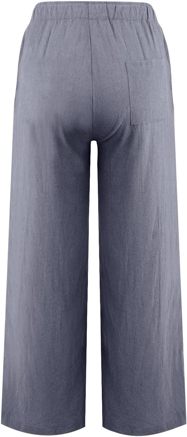Linen Pants Women Summer Causal Drawstring High Waisted Work Pants Relaxed Fit Wide Leg Trouser Pants with Pockets