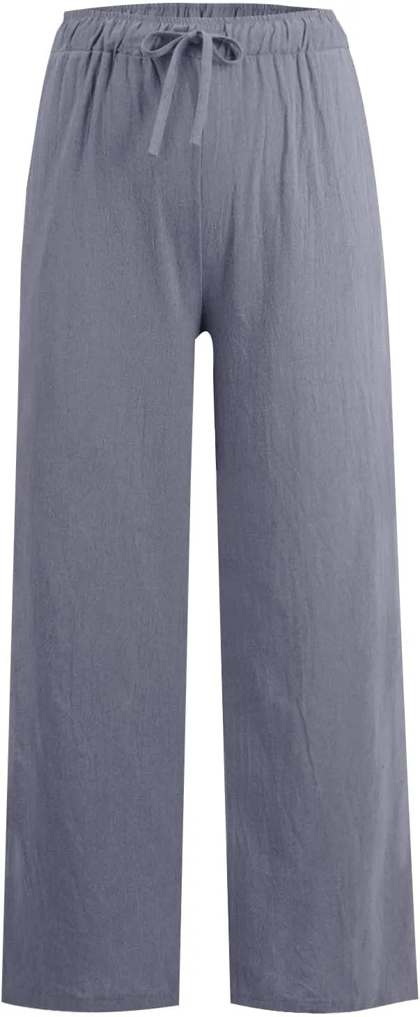 Linen Pants Women Summer Causal Drawstring High Waisted Work Pants Relaxed Fit Wide Leg Trouser Pants with Pockets