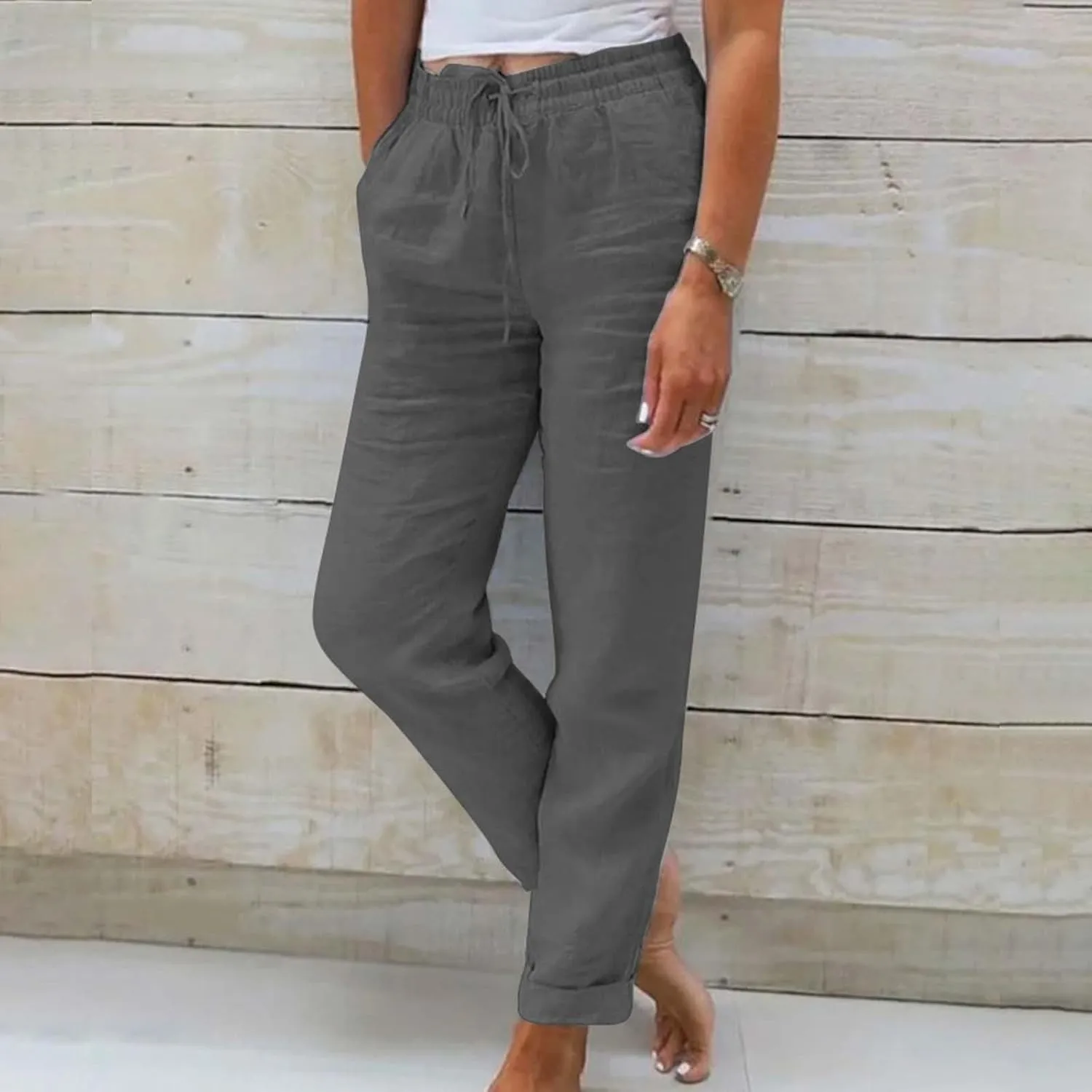 Linen Pants Womens Relaxed Fit Casual Vacation Cotton Linen Pant Trendy Drawstrings Lounge Trousers with Pockets