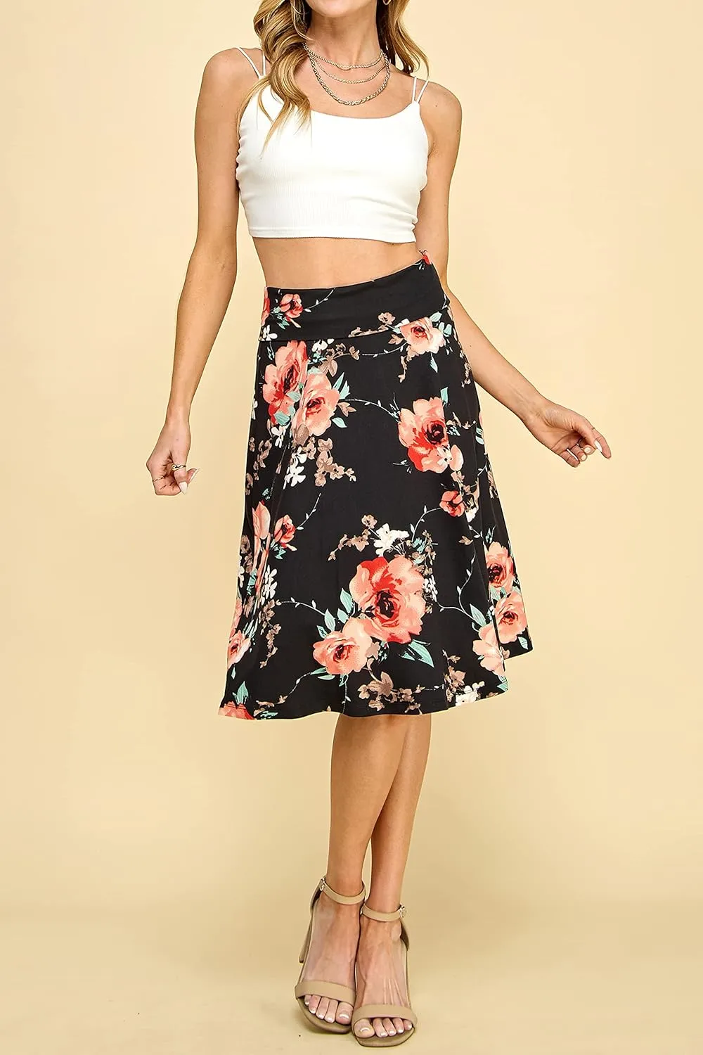 Lock and Love Women's Solid Ombre Lightweight Flare Midi Pull On Closure Skirt S-XXXL Plus Size