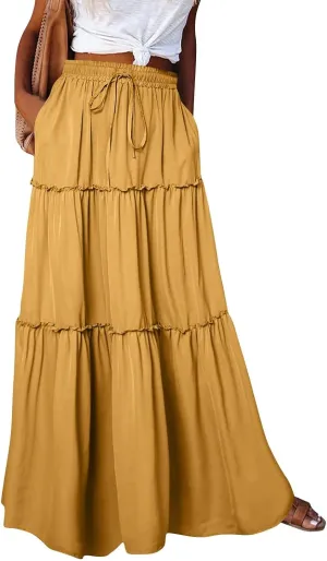 Long Skirts for Women Summer Flowy Boho Maxi Skirt Trendy Drawstring Elastic High Waist Tiered A Line Beach Skirts