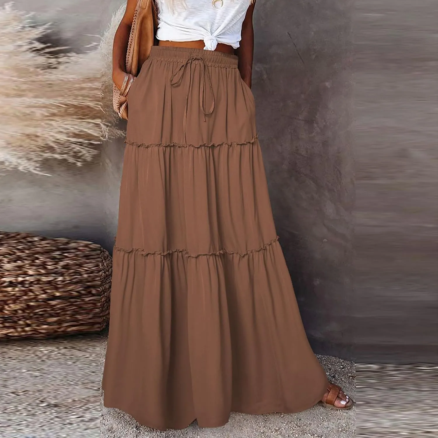 Long Skirts for Women Summer Flowy Boho Maxi Skirt Trendy Drawstring Elastic High Waist Tiered A Line Beach Skirts