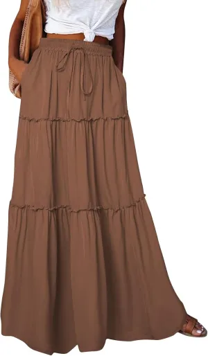 Long Skirts for Women Summer Flowy Boho Maxi Skirt Trendy Drawstring Elastic High Waist Tiered A Line Beach Skirts