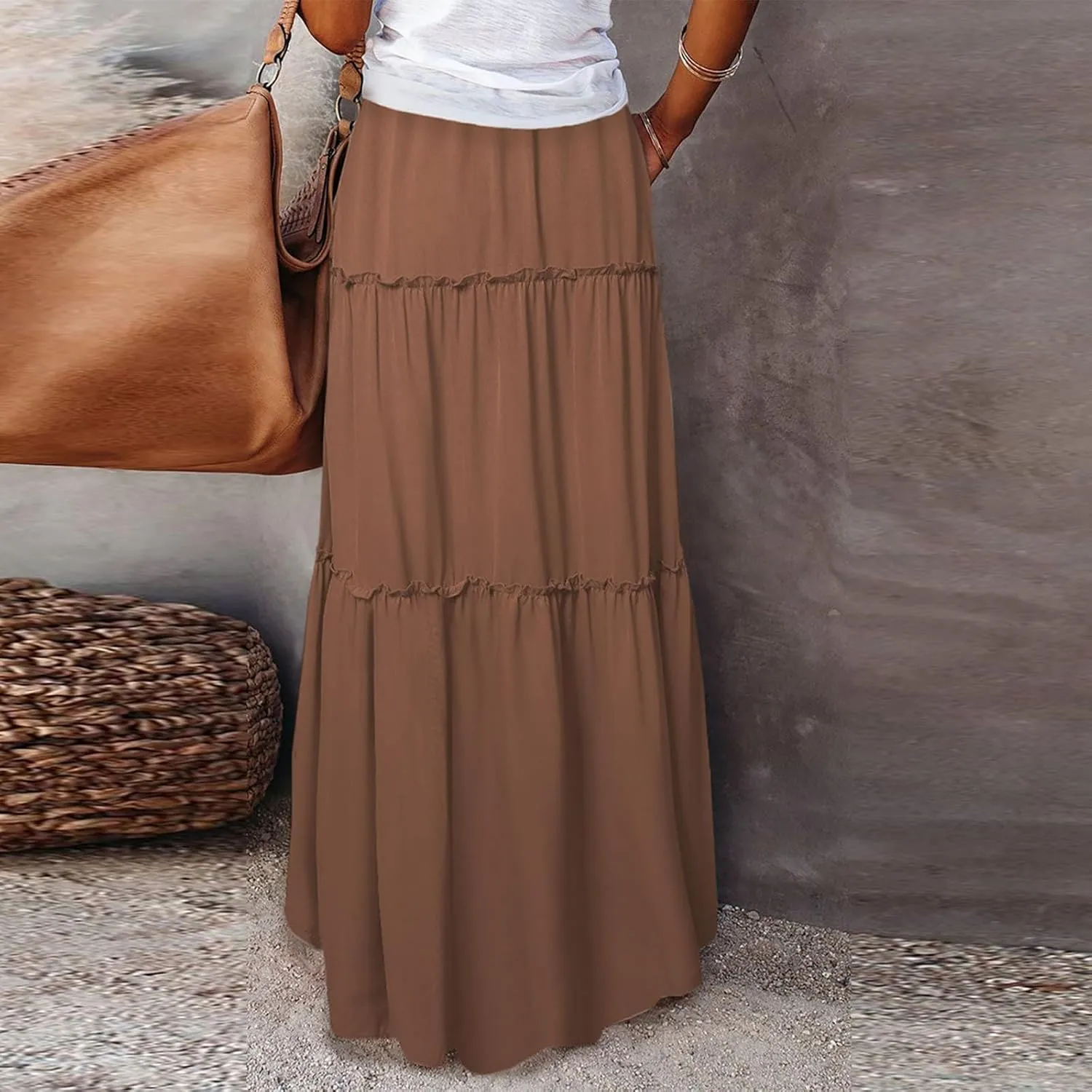Long Skirts for Women Summer Flowy Boho Maxi Skirt Trendy Drawstring Elastic High Waist Tiered A Line Beach Skirts