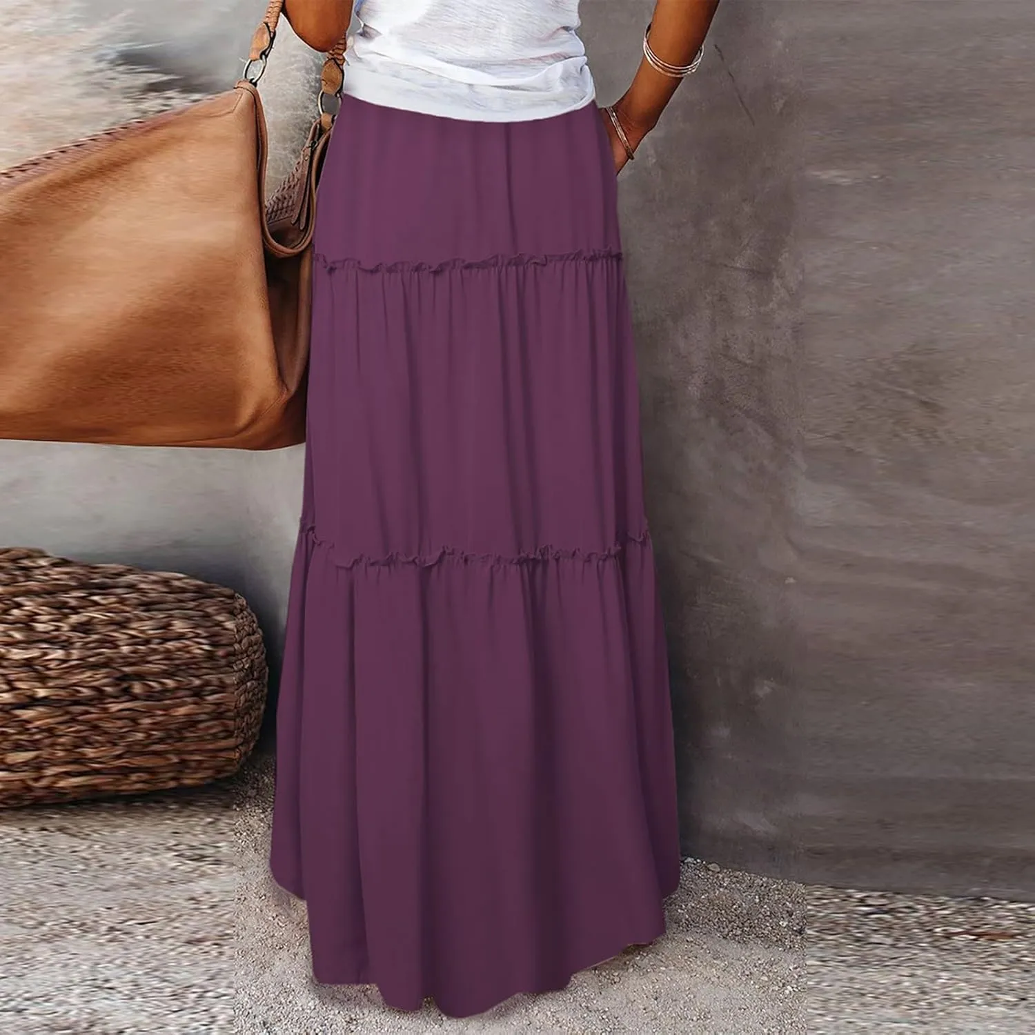 Long Skirts for Women Summer Flowy Boho Maxi Skirt Trendy Drawstring Elastic High Waist Tiered A Line Beach Skirts