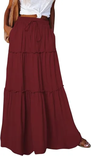 Long Skirts for Women Summer Flowy Boho Maxi Skirt Trendy Drawstring Elastic High Waist Tiered A Line Beach Skirts