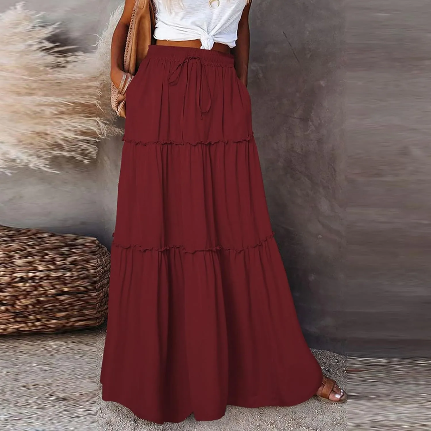Long Skirts for Women Summer Flowy Boho Maxi Skirt Trendy Drawstring Elastic High Waist Tiered A Line Beach Skirts