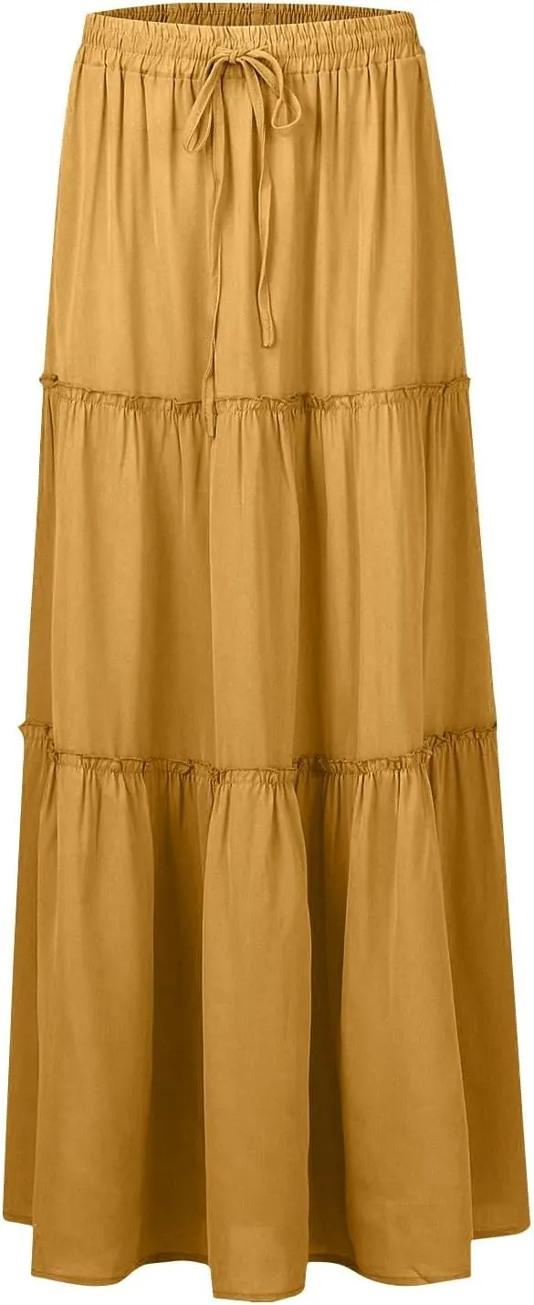 Long Skirts for Women Summer Flowy Boho Maxi Skirt Trendy Drawstring Elastic High Waist Tiered A Line Beach Skirts