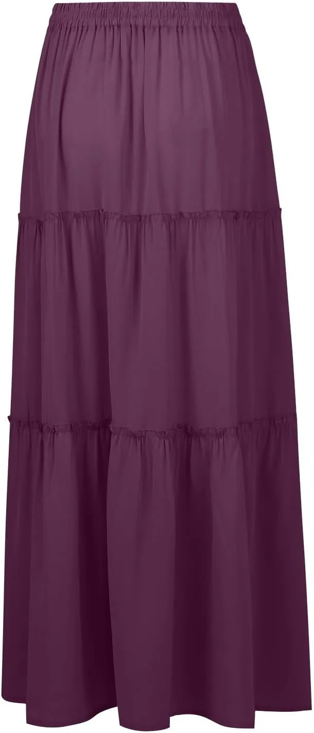 Long Skirts for Women Summer Flowy Boho Maxi Skirt Trendy Drawstring Elastic High Waist Tiered A Line Beach Skirts