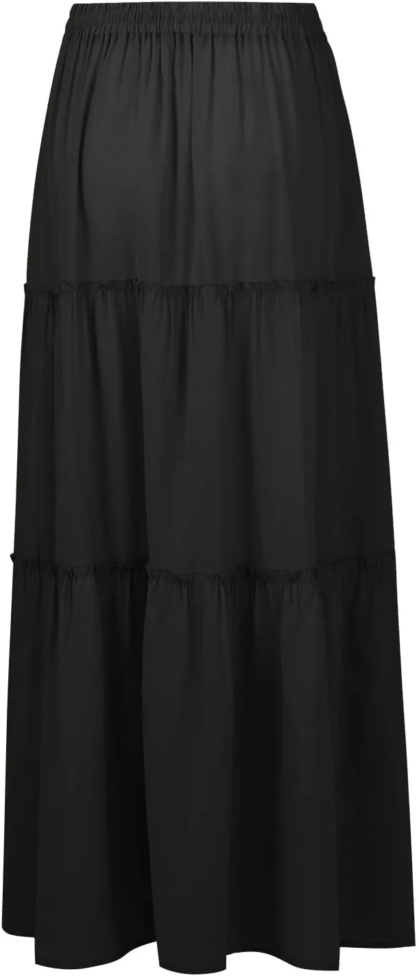 Long Skirts for Women Summer Flowy Boho Maxi Skirt Trendy Drawstring Elastic High Waist Tiered A Line Beach Skirts