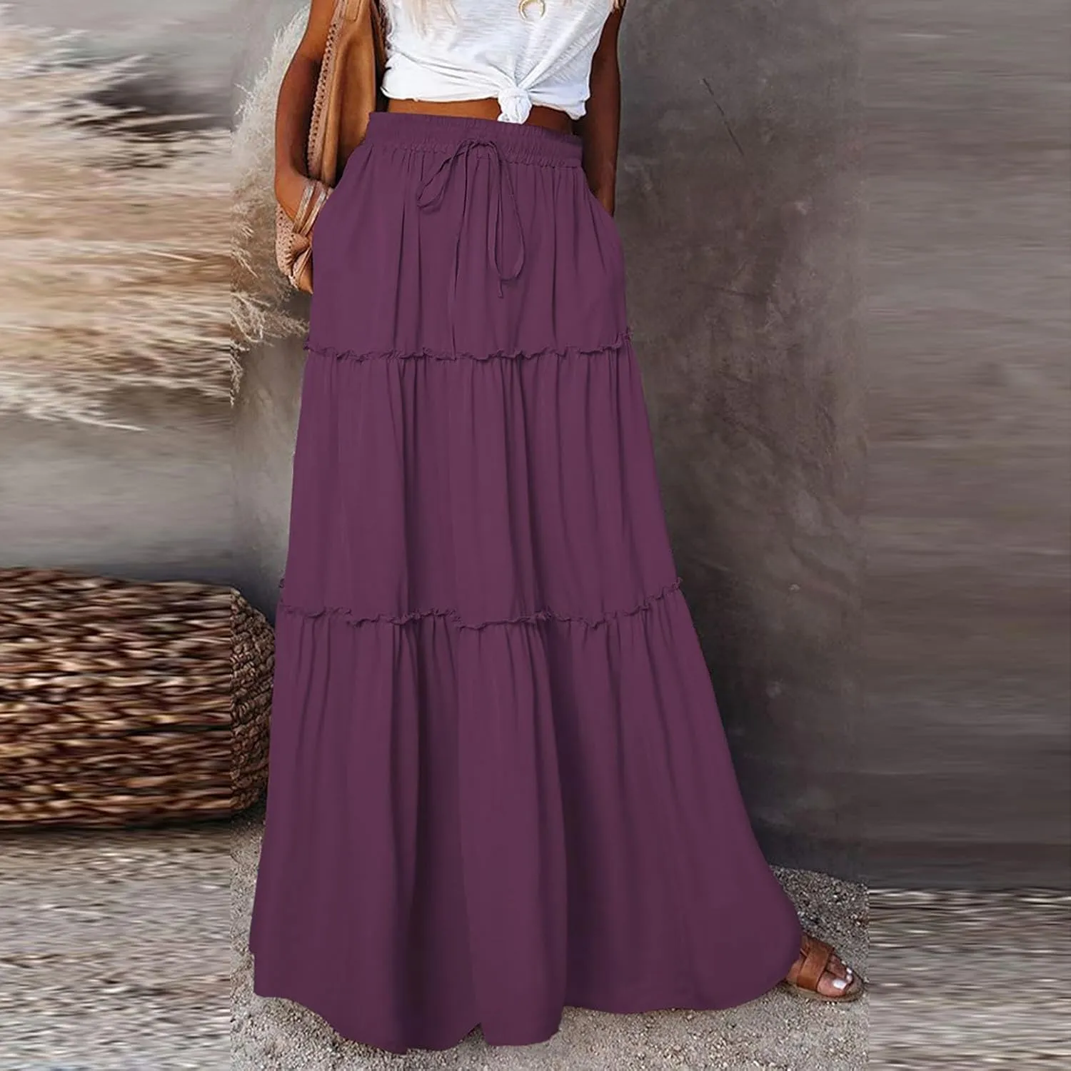 Long Skirts for Women Summer Flowy Boho Maxi Skirt Trendy Drawstring Elastic High Waist Tiered A Line Beach Skirts