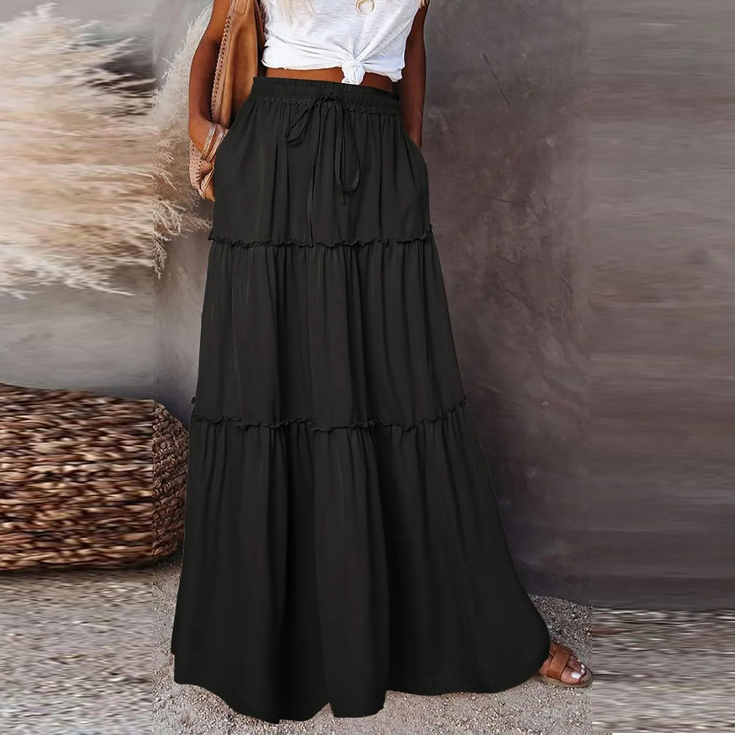 Long Skirts for Women Summer Flowy Boho Maxi Skirt Trendy Drawstring Elastic High Waist Tiered A Line Beach Skirts